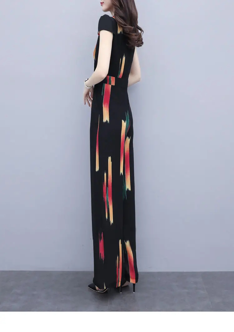 Women Summer Fashion Bodysuits Elegance Casual Jumpsuits V-neck Print High Waist Wide Leg Pants Ladies Playsuit Rompers 240129