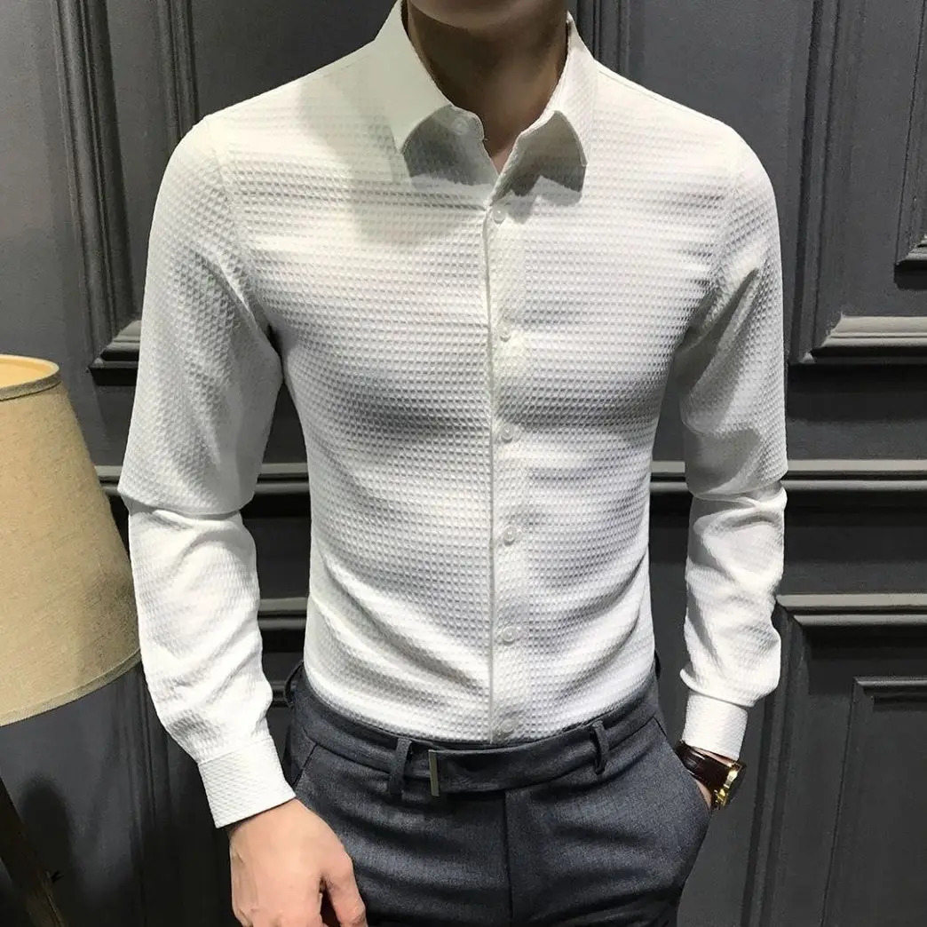 Fashion Buttons Solid Color Turn-down Collar Long Sleeve Blouse Mens Clothing Casual Temperament Slim Formal Shirts 240201
