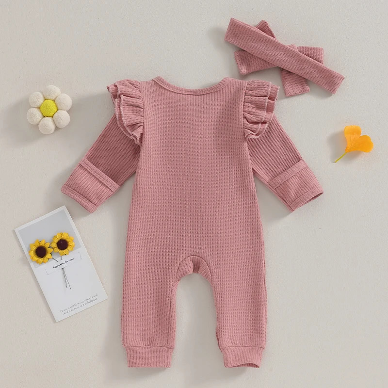 Spring Autumn Baby Solid Color Romper Girls Soft Oneck Long Sleeve Ruffled Jumpsuit with Bow Headband Kids Clothes Baby Costume 240118