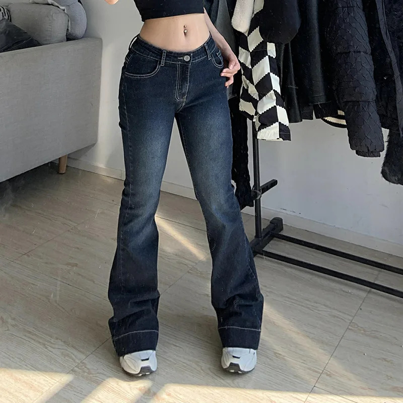Y2K Flare Jeans Low Waist Trouser Women Vintage Cargo Pants Aesthetic Streetwear Blue Denim Pant Fashion 90s Distressed Jean 240201