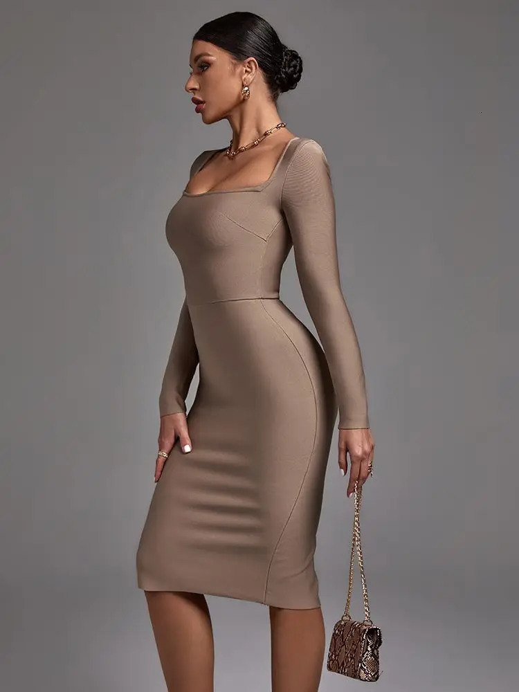 Khaki Long Sleeve Bandage Dress Women Bandage Dress Bodycon High Quality Elegant Sexy Evening Club Party Dress 240126