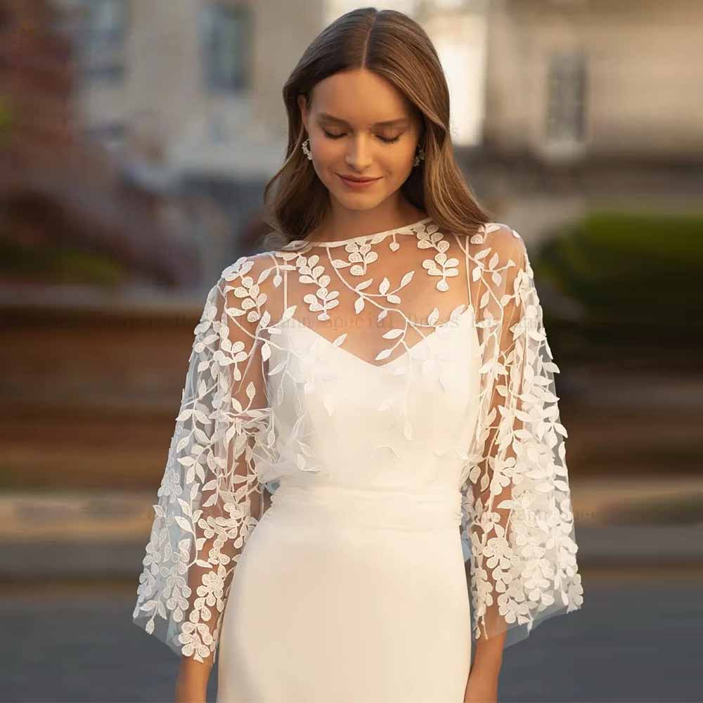 Spaghetti Strap Mermaid Wedding Dresses with Jacket Lace Appliques Wrap Bridal Gown Satin Sweep Train Civil robe de mariee