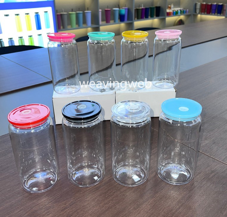 16oz Plastic tumbler with colorful lids Acrylic Libbey Plastic can with Straw for Vinyl UV DTF sticker Summer Drinkware Mason Jar drinking cups