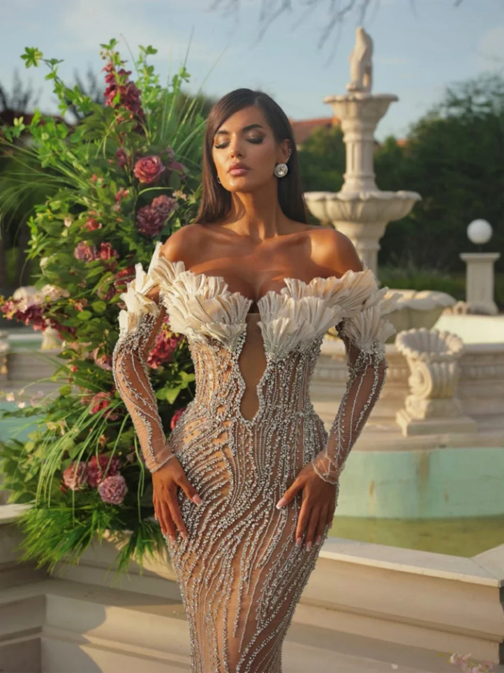 Black Girls Mermaid Wedding Dresses Off Shoulder Lace Appliques Robe De Soiree Boho Bridal Gowns Beads Nude Bride Dress 0505