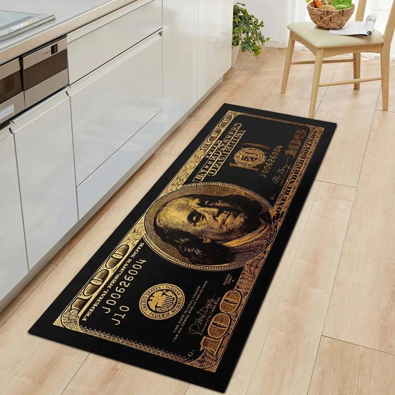 Carpets Black Gold 100 Dollar Bill Money Kitchen Floor Mat Home Decor Hallway Balcony Laundry Runners Rugs Bathroom Non-slip DoorMat H260226