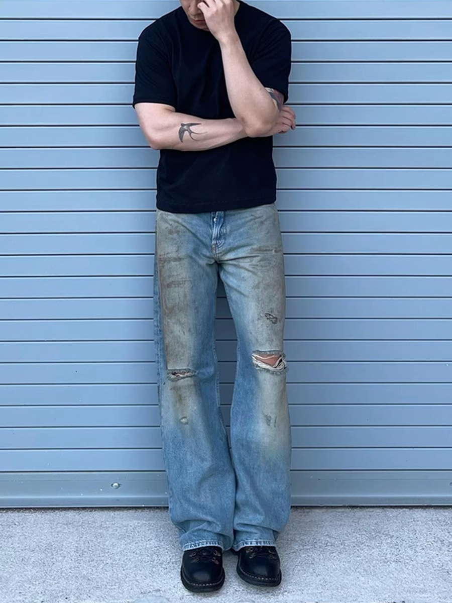 Original AC Casual Pants Dyed Washed Blue Jeans Casual Flared Long Pants for Men Loose Multi Pocket Workwear Pants