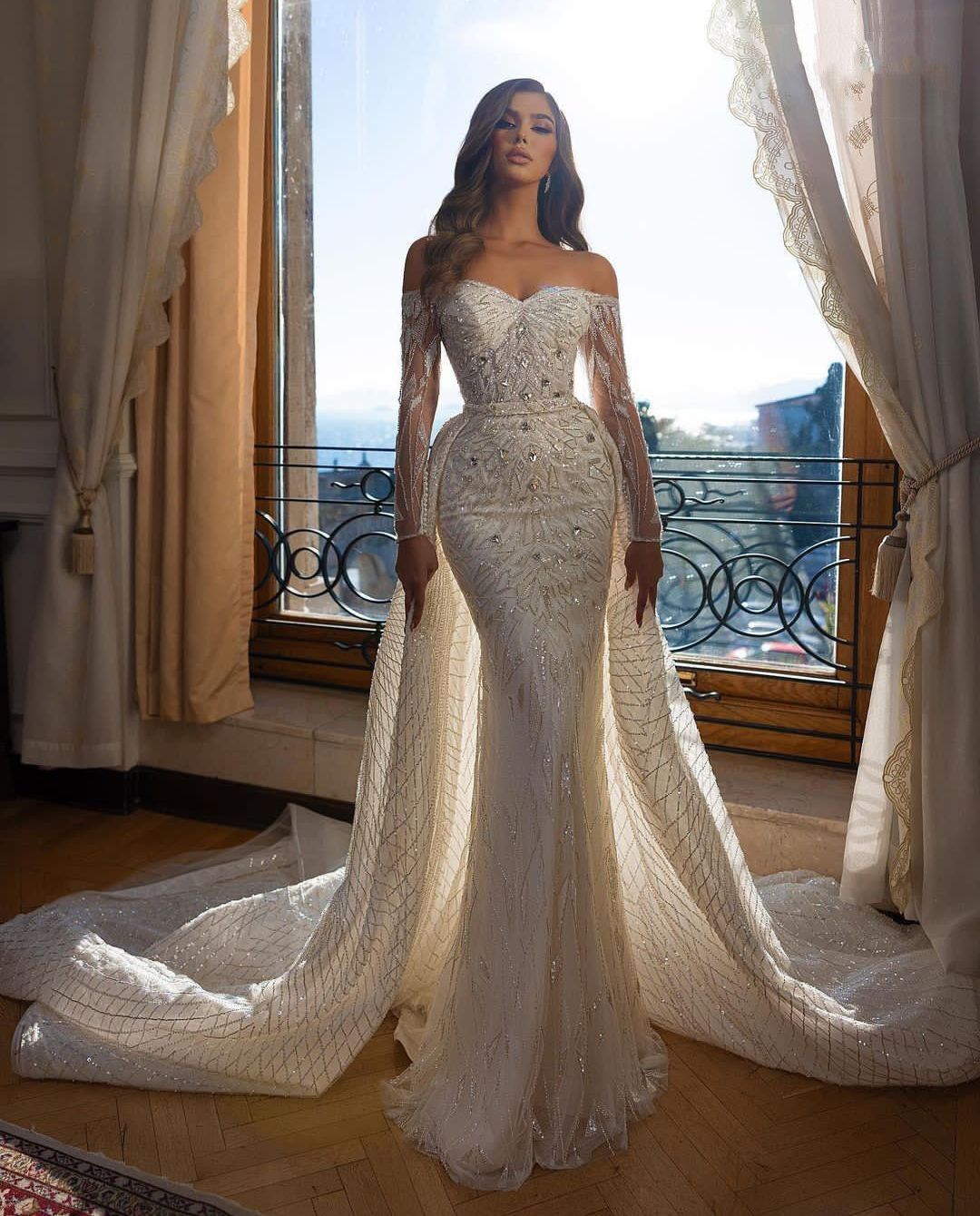 Illusion Classic Mermaid Wedding Dresses Off Shoulder Lace Crystals Bridal Gowns Custom Made With Detachable Train Vestido De Novia 6660306