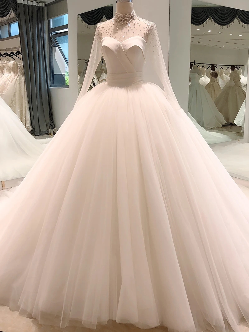 Elegant Wedding Dress For Women High Neck Long Sleeve Beads A-Line Satin Birde Formal Gowns New Arrival Vestido De Novia Robe De Mariage