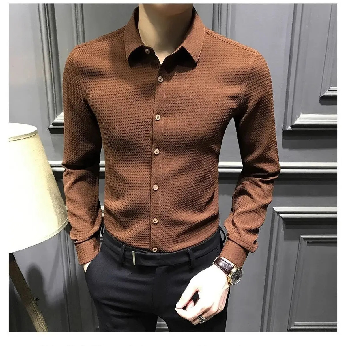 Fashion Buttons Solid Color Turn-down Collar Long Sleeve Blouse Mens Clothing Casual Temperament Slim Formal Shirts 240201