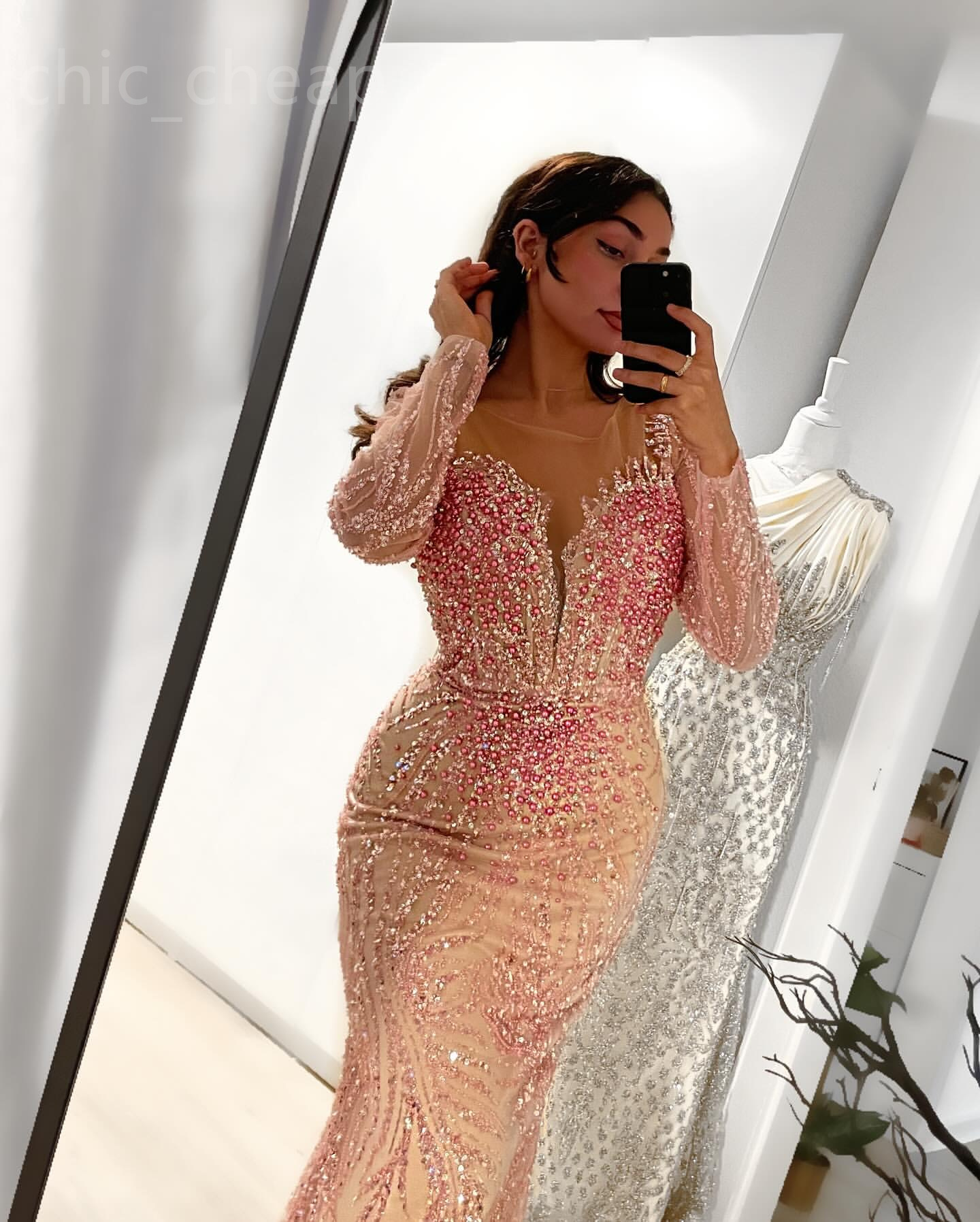 Aso Ebi Illusion Pink Mermaid Prom Dress Pearls Crystals Sequined Evening Formal Party Second Reception Birthday Engagement Gowns Dresses Robe De Soir