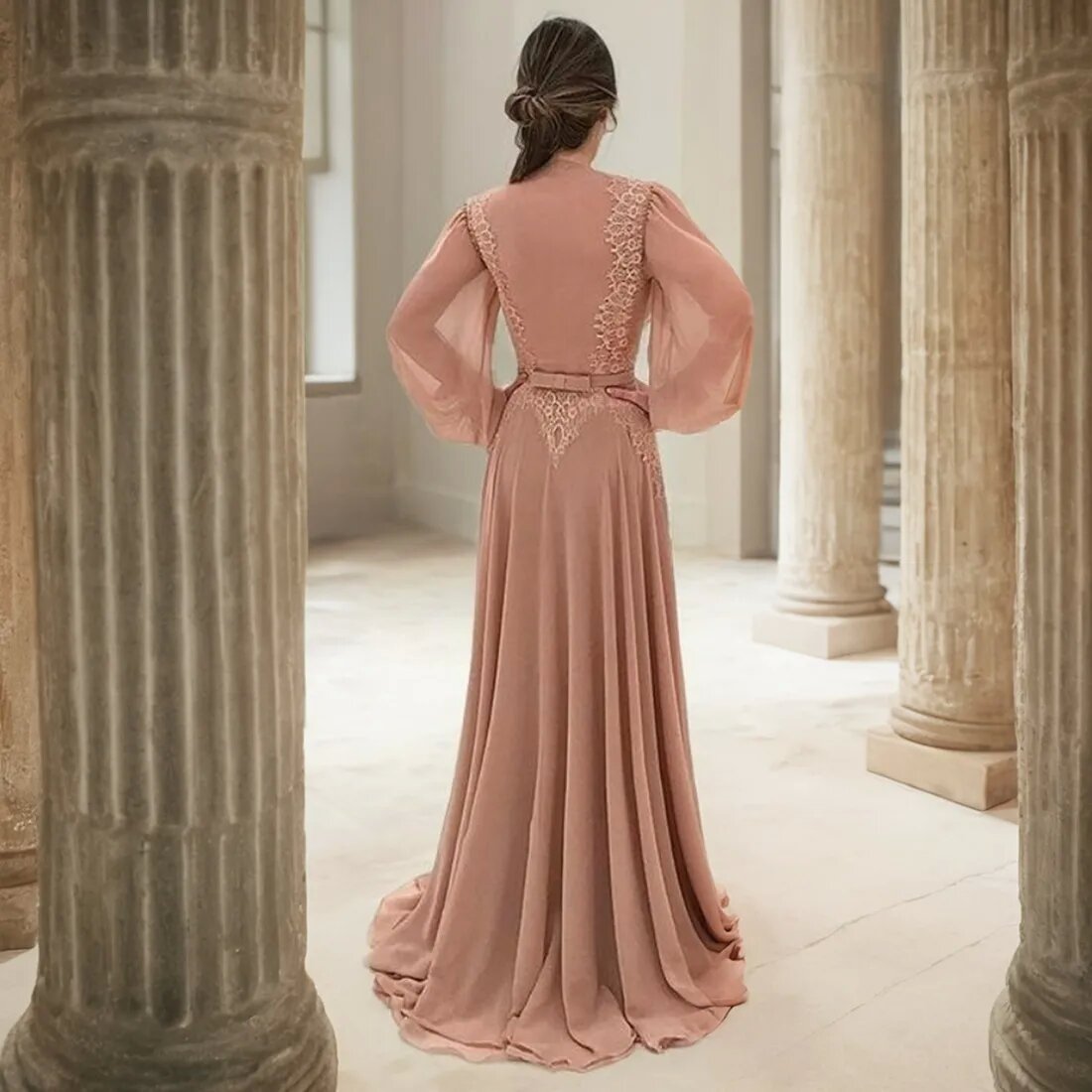 Elegant Mother Of The Bride Dress Chiffon Lace V Neck Long Sleeve Mother's Dress With Belt For Marriage Bride Gowns