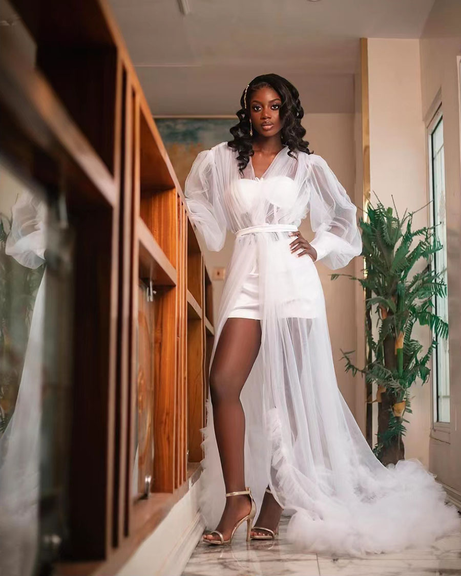 Arabic Aso Ebi African Wedding Bride Robes 2024 Bridal Shower Dresses Puffy Long Sleeve Fluffy Tulle Maternity Dressing Gowns Women Bathrobe Wedding D