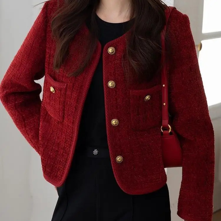 Vintage Tweed Jacket Women Autumn Red Single Breasted Short Coats Female Pockets Elegant Thickened Warm Female Lady Coat Mujer 240201