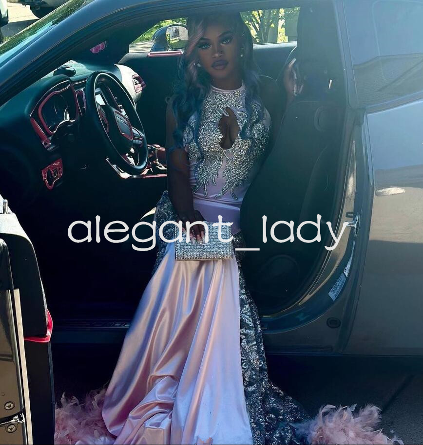 Pearl Pink Sparkly Mermaid Prom Birthday Dresses for Women Luxury Crystal Feather Black Girl Evening Gown vestidos de fiesta