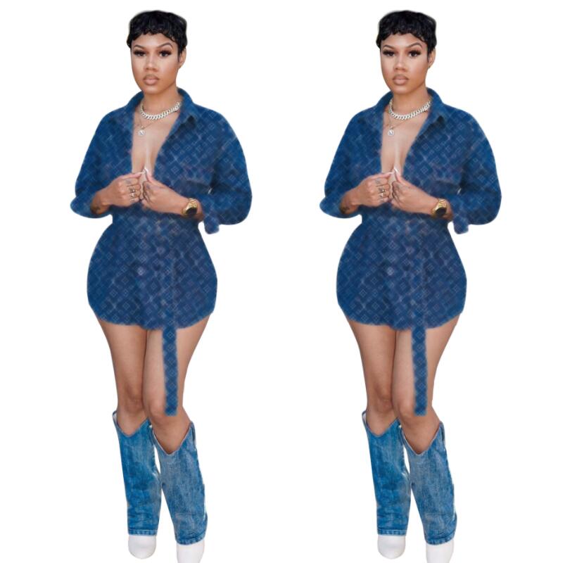 new Dresses Women Long Sleeve V-neck Stacked Strechy Knee Length Office Lady Streetwear Casual Sexy Denim shirt skirt