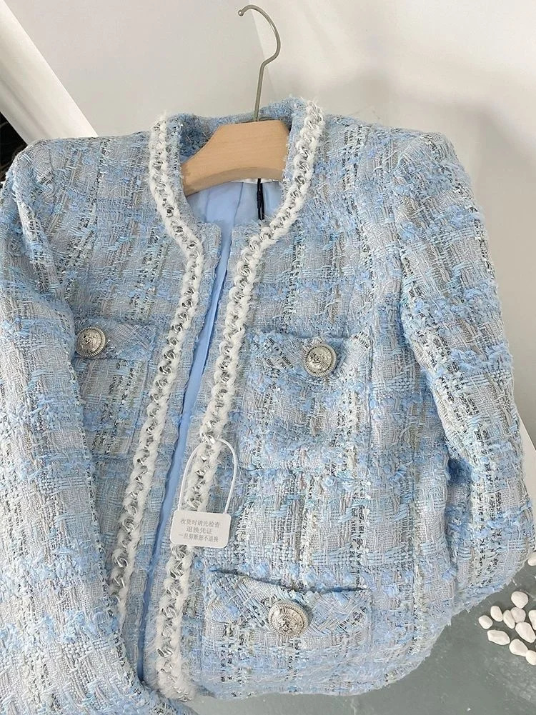 Autumn Blazer Women Woven Tweed High Waist Gentle Elegant Short Qulited Small Plaid Jacket Office Tops Coat Outerwear 240201