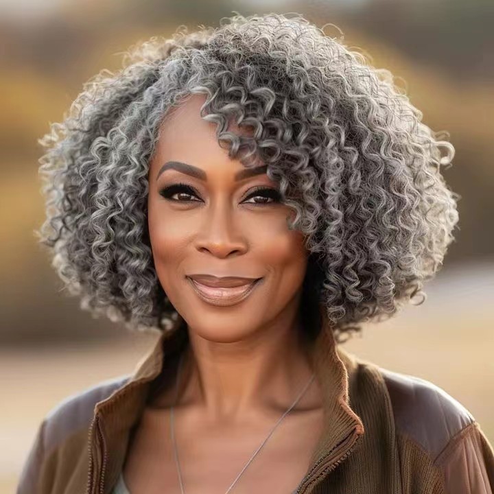 Salt and pepper Afro Kinky Curly gray Human Hair Wigs gradient two tone silver bob Grey Wig for Black Women None Lace machine made cap 130% density so