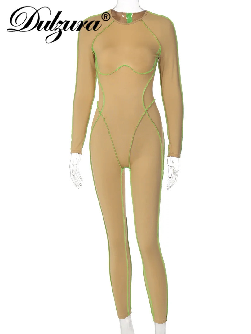 Dulzura Patchwork Women Long Sleeve Hollow Out Jumpsuit Skinny Sexy Streetwear Club Rompers Casual Autumn Winter Outfit 240129