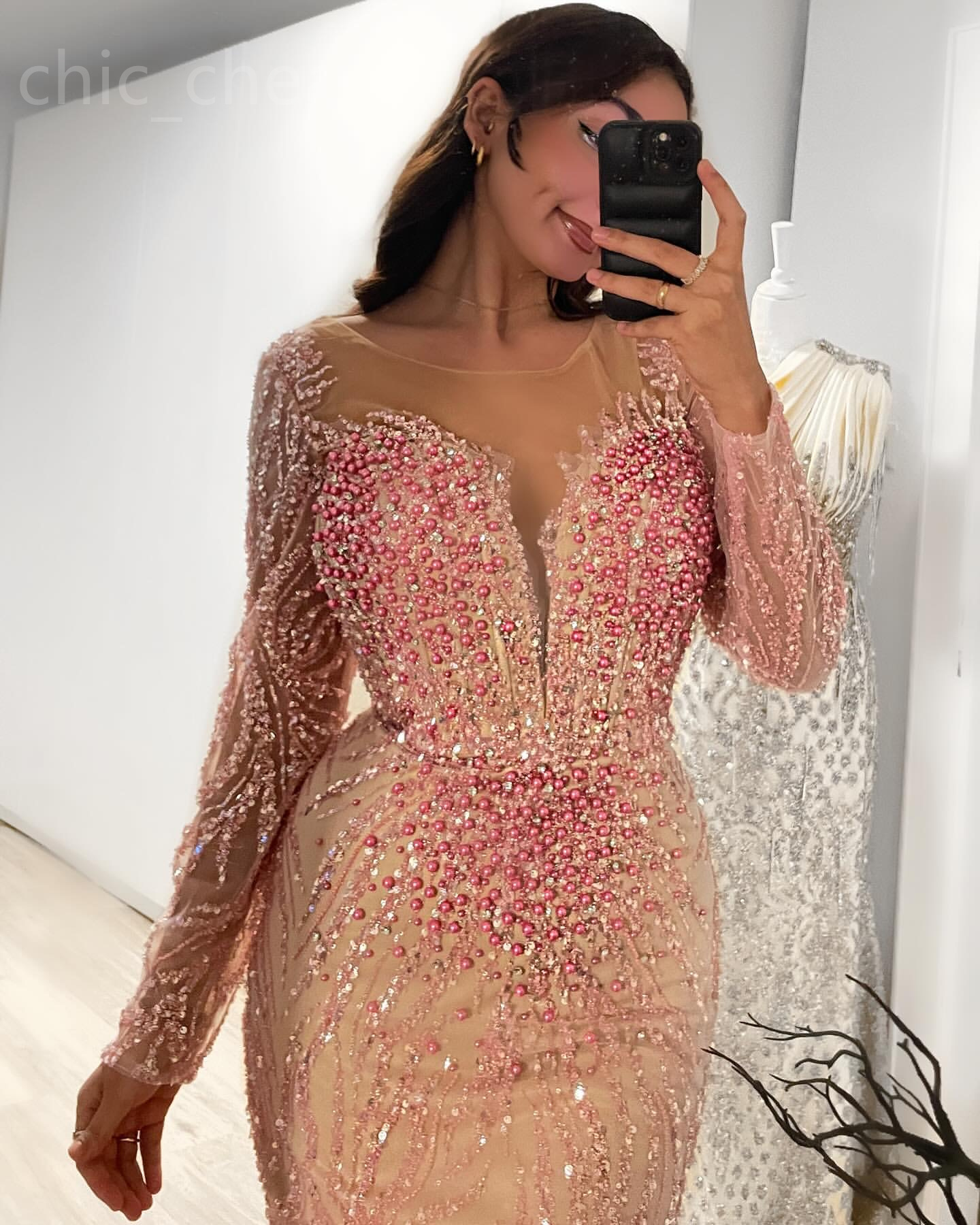 Aso Ebi Illusion Pink Mermaid Prom Dress Pearls Crystals Sequined Evening Formal Party Second Reception Birthday Engagement Gowns Dresses Robe De Soir