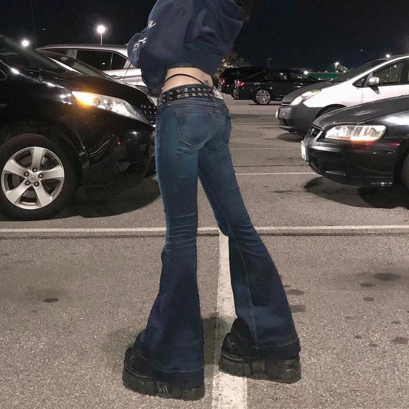 Y2K Flare Jeans Low Waist Trouser Women Vintage Cargo Pants Aesthetic Streetwear Blue Denim Pant Fashion 90s Distressed Jean 240201