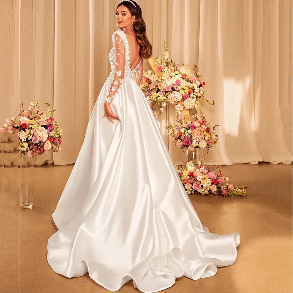 Modern A-Line Wedding Gown Bridal Dresses Sheer Neck Long Sleeve with Side Split Bridal Gowns Floral Appliques Satin Vestidos De Novia