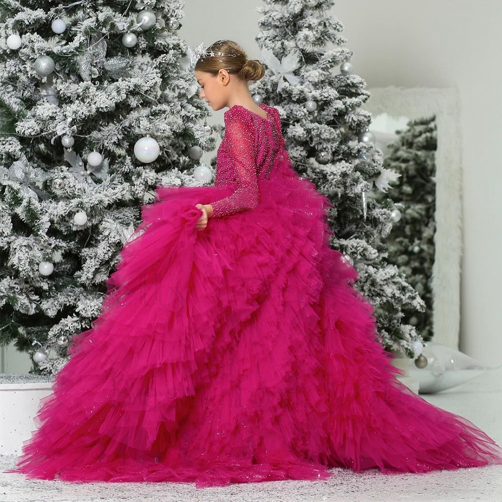 Glitter Short Flower Girls Dresses with Detachable Train Jewel Neck Long Sleeve Kids Pageant Dress 2024 Bow Tie Mini Child Birthday Photography Gown