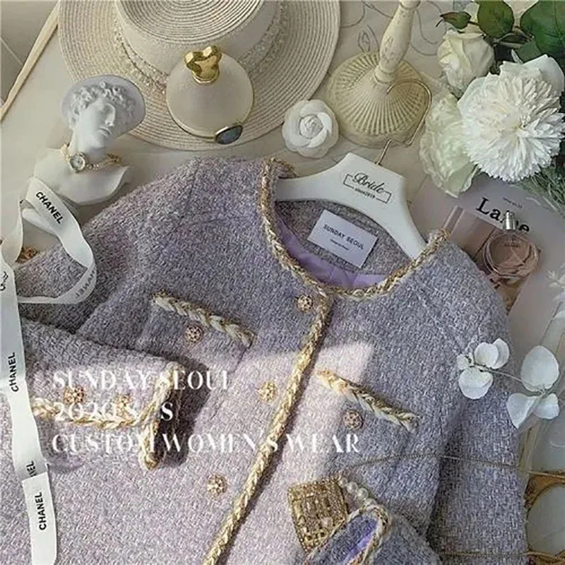 Womens Clothing Autumn Jackets Fragrance High-End Cardigan Plush Lavender Purple Coarse Tweed Chain Short Top Coats 240201
