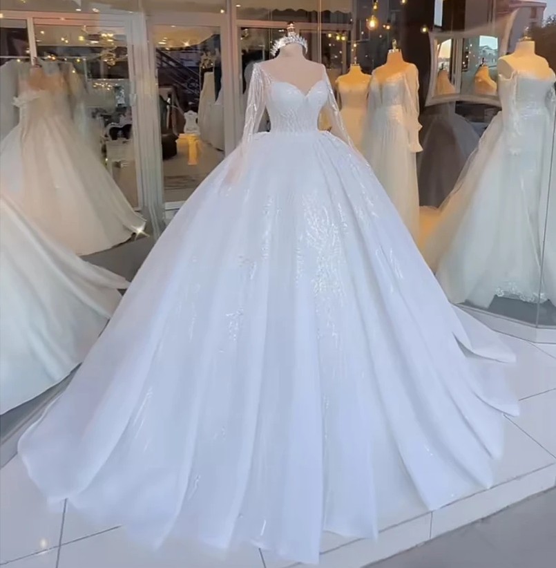 Sequins Sparkle Wedding Dress Long Illusion Sleeves Sweetheart Lace Up Ball Gown Bride Gowns Vestidos De Noiva s