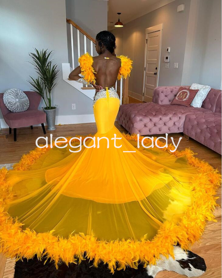 Bright Gold Sparkly Prom Ceremony Dresses for Women Luxury Diamond Crystal Feather Evening Birthday Gown vestido de noche
