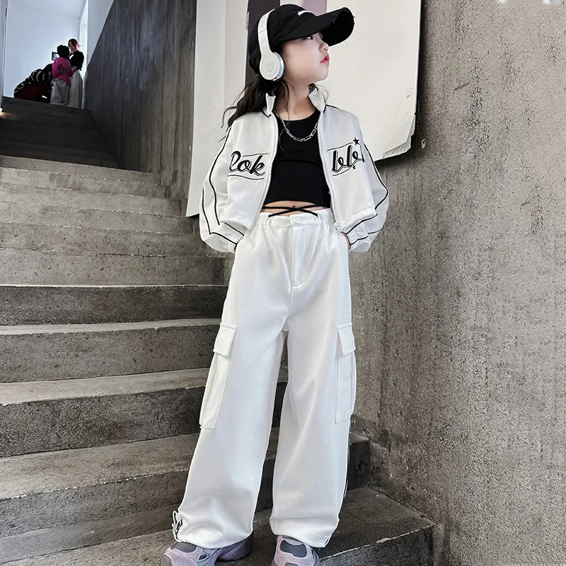 Kids Girl Fashion Streetwear Dance Clothes Set Short Zipper Coat Pants Sets Tracksuits Teen Clothing 3 5 7 9 11 13 15 Years Old 240131