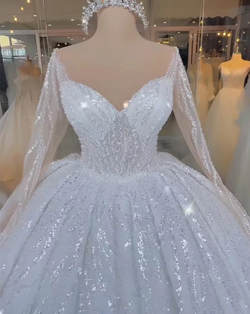 Sequins Sparkle Wedding Dress Long Illusion Sleeves Sweetheart Lace Up Ball Gown Bride Gowns Vestidos De Noiva s