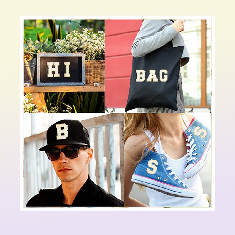 Notions White Letter Alphabet Patch Glitter Chenille Embroidered Patches for DIY Clothing Hats Jacket Iron on Accessories Applique2439239