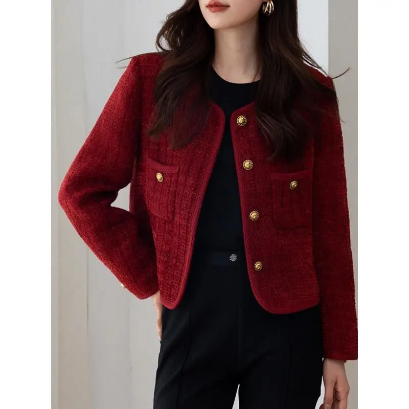 Vintage Tweed Jacket Women Autumn Red Single Breasted Short Coats Female Pockets Elegant Thickened Warm Female Lady Coat Mujer 240201
