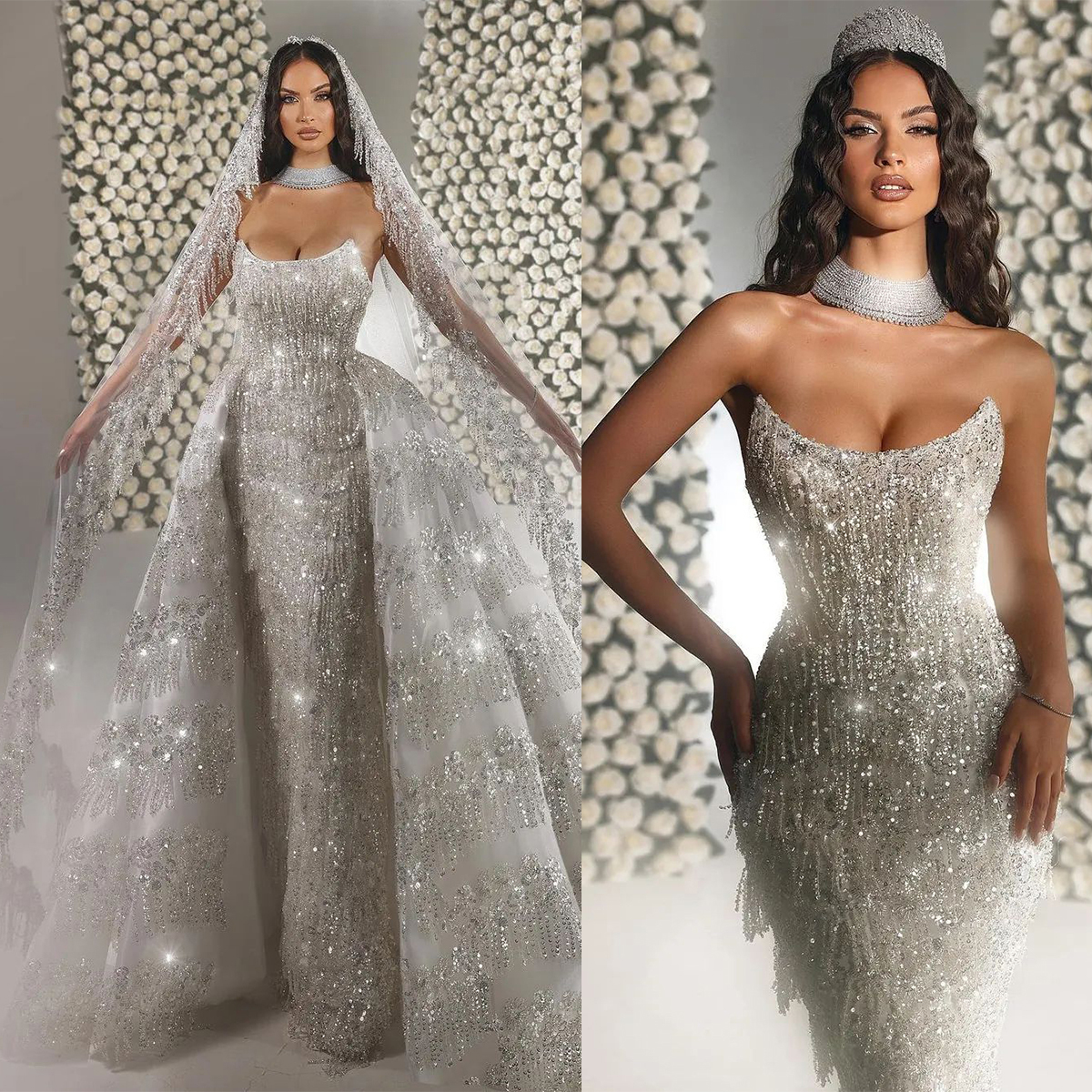 Glitter Mermaid Wedding Dresses Pearls Bridal Gowns with Overskirts Sequins Tassel Strapless Custom Made Sweep Train Bride Dresses