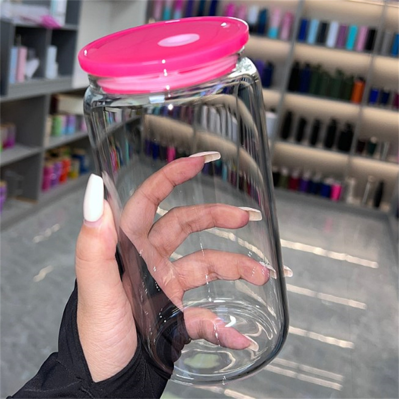 16oz Plastic tumbler with colorful lids Acrylic Libbey Plastic can with Straw for Vinyl UV DTF sticker Summer Drinkware Mason Jar drinking cups