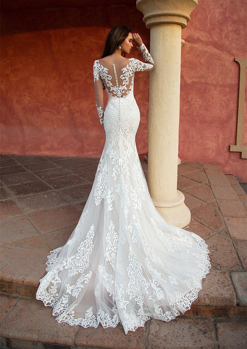 Elegant Mermaid Wedding Dresses Lace Appliques Bridal Gowns Long Sleeve Custom Made Sweep Train Bride Dresses Plus Size
