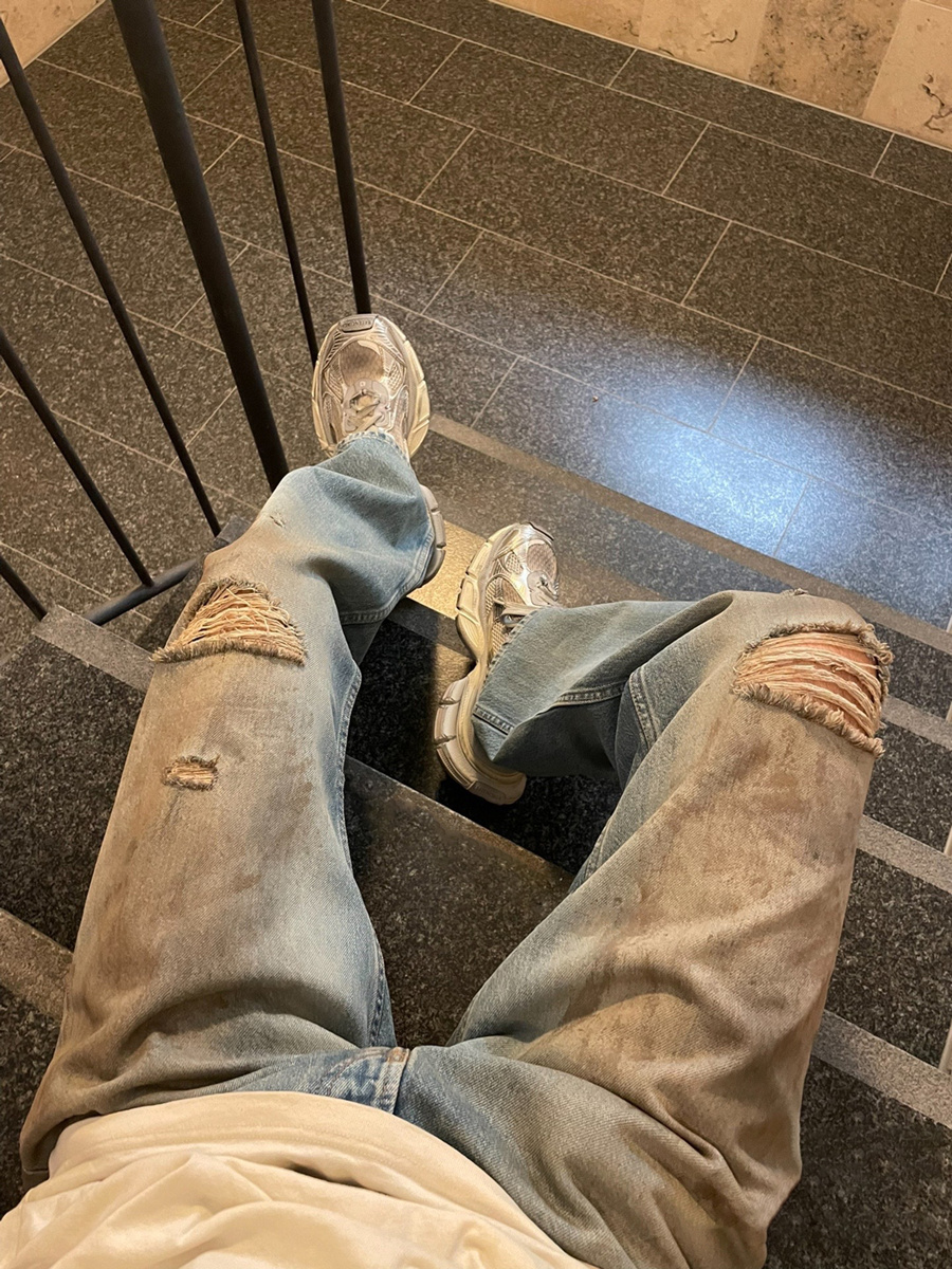 Original AC Casual Pants Dyed Washed Blue Jeans Casual Flared Long Pants for Men Loose Multi Pocket Workwear Pants