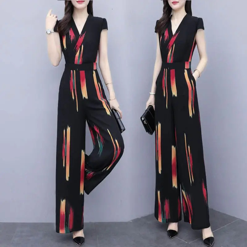 Women Summer Fashion Bodysuits Elegance Casual Jumpsuits V-neck Print High Waist Wide Leg Pants Ladies Playsuit Rompers 240129