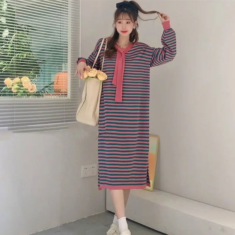 Women's Clothing Simplicity Printing Striped Fashion Loose Casual Temperament Sweet Long Sleeve Pullovers Office Lady Dresses 240126