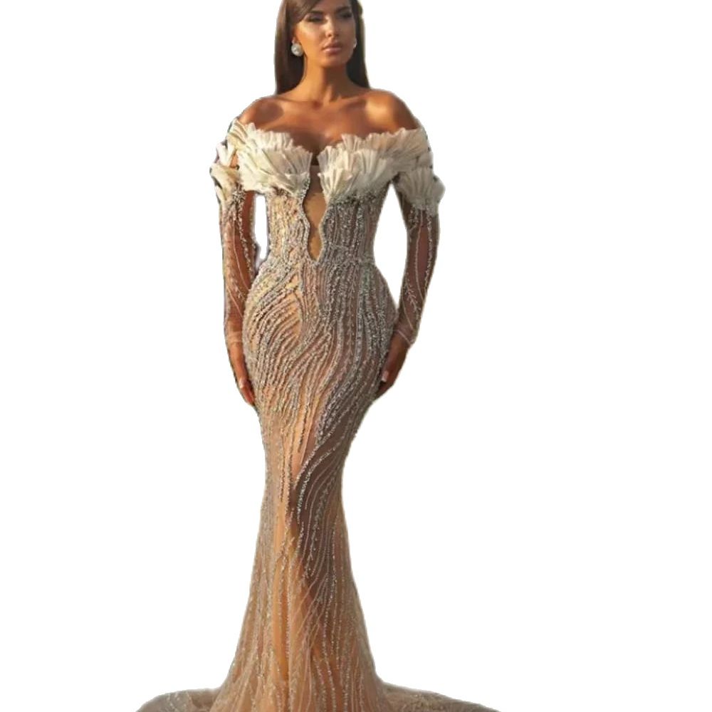 Black Girls Mermaid Wedding Dresses Off Shoulder Lace Appliques Robe De Soiree Boho Bridal Gowns Beads Nude Bride Dress 0505