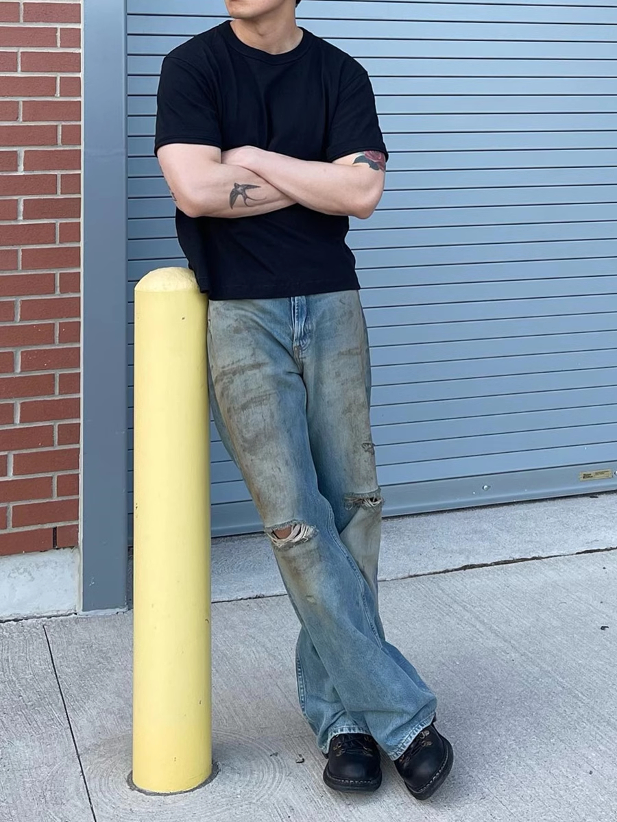 Original AC Casual Pants Dyed Washed Blue Jeans Casual Flared Long Pants for Men Loose Multi Pocket Workwear Pants