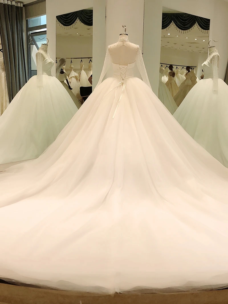 Elegant Wedding Dress For Women High Neck Long Sleeve Beads A-Line Satin Birde Formal Gowns New Arrival Vestido De Novia Robe De Mariage