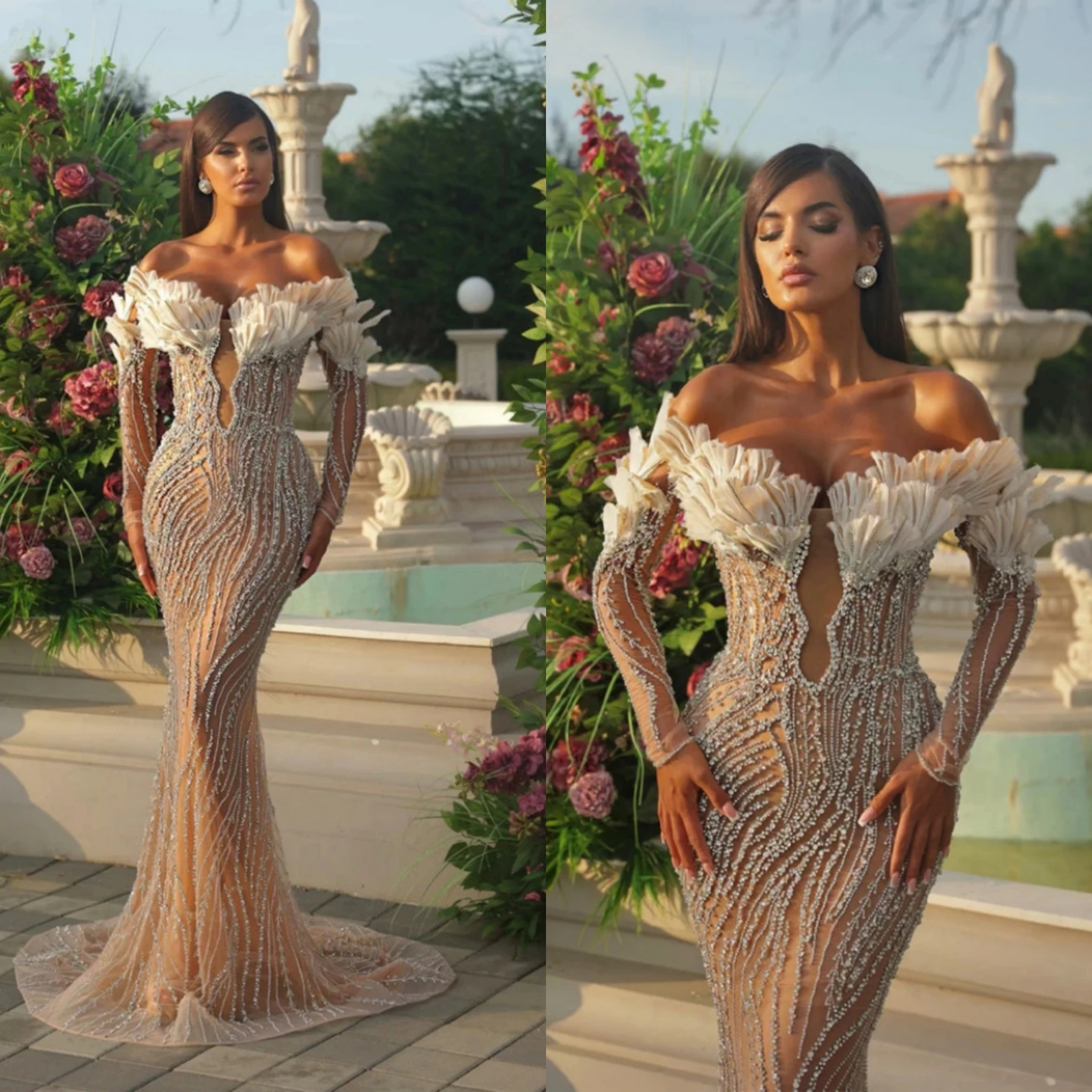 Black Girls Mermaid Wedding Dresses Off Shoulder Lace Appliques Robe De Soiree Boho Bridal Gowns Beads Nude Bride Dress 0505