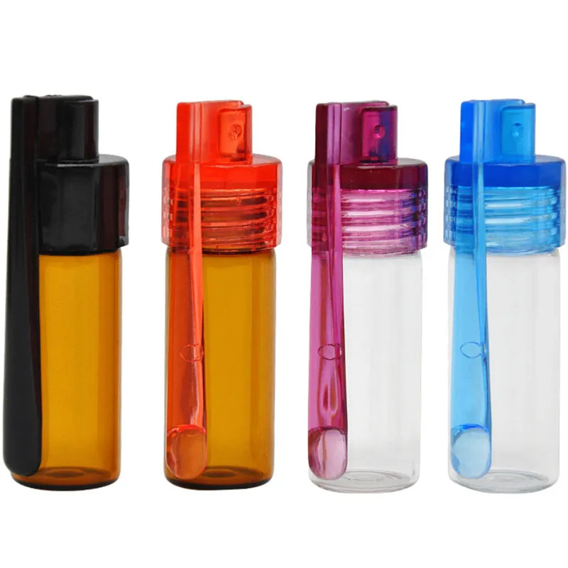 Wholesale Acrylic Smoking Snuff Bottle Case Containers Snorter Kit With Spoon Lid Portable Sniff Pocket Durable Snuffer Mix Color Snort ZZ 0716 0923