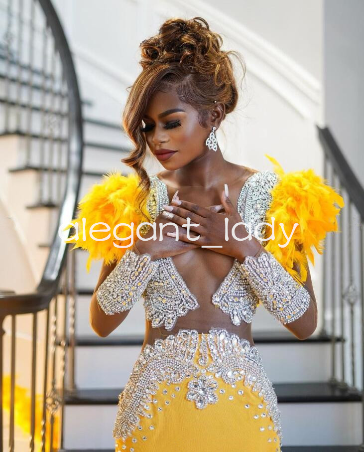 Bright Gold Sparkly Prom Ceremony Dresses for Women Luxury Diamond Crystal Feather Evening Birthday Gown vestido de noche