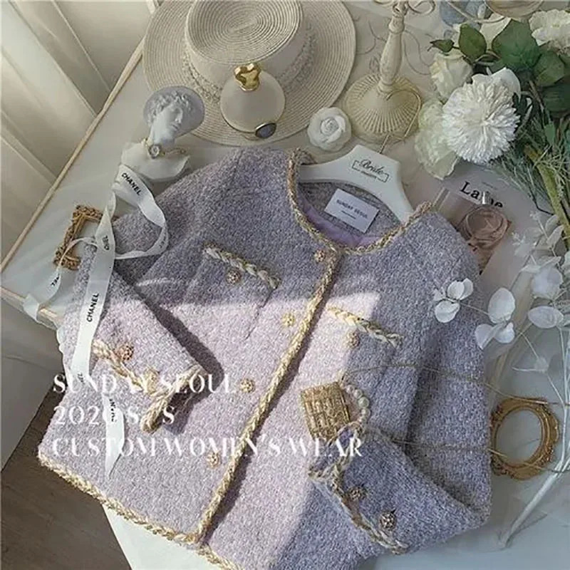 Womens Clothing Autumn Jackets Fragrance High-End Cardigan Plush Lavender Purple Coarse Tweed Chain Short Top Coats 240201