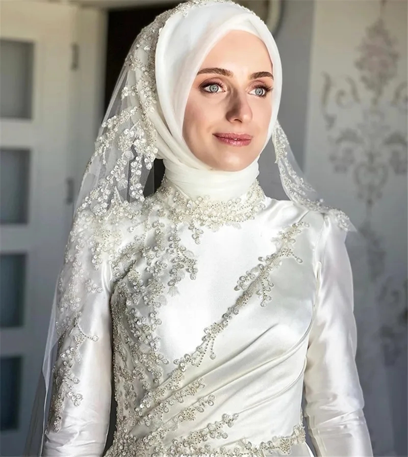 Elegant Muslim Wedding Dress For Women Applique High Neck Embroidery Beads A-Line Satin Birde Formal Gowns Vestido De Novia Robe De Mariage