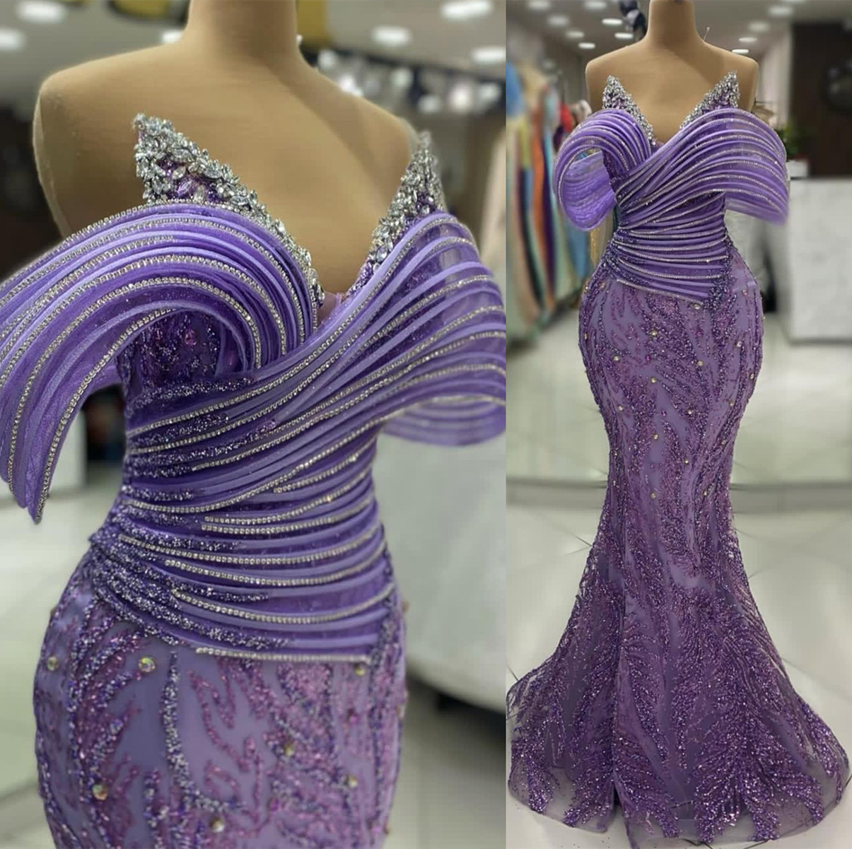 2024 Aso Ebi Lavender Mermaid Prom Dress Beaded Crystals Sequined Evening Formal Party Second Reception Birthday Engagement Gowns Dresses Robe De Soir