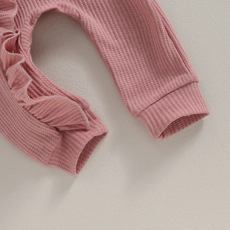 Spring Autumn Baby Solid Color Romper Girls Soft Oneck Long Sleeve Ruffled Jumpsuit with Bow Headband Kids Clothes Baby Costume 240118