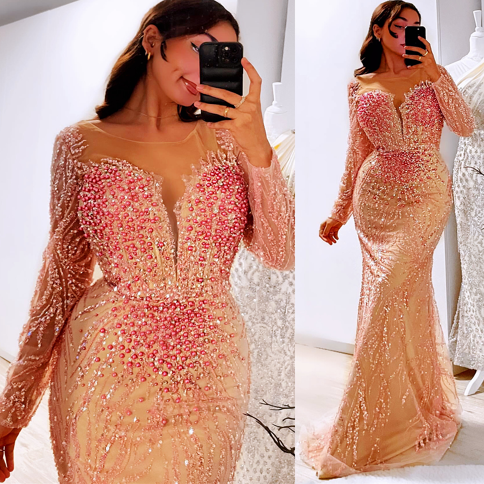Aso Ebi Illusion Pink Mermaid Prom Dress Pearls Crystals Sequined Evening Formal Party Second Reception Birthday Engagement Gowns Dresses Robe De Soir